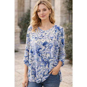 CD Daniels Blue Floral Knit Stretch Top Jewel 1X